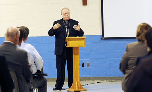 Bishop Dennis Sullivan gives a presentation to school principals on the report of the Bishop’s Commission on Catholic Schools Sept. 30 at St. Vincent de Paul Parish, Mays Landing. Earlier in the afternoon there was a presentation to the priests of the Camden Diocese on the report, entitled “Forming Minds and Hearts in Grace: A Plan for Catholic Schools in the Diocese of Camden.” Bishop Sullivan convened the commission with the goal of making Catholic school education available, accessible and affordable now and in the future. The 16-member commission consisted of pastors and leaders in business, education and philanthropy.

Photo by Alan M. Dumoff