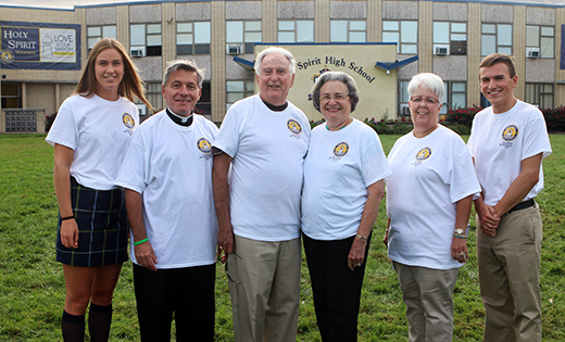 In celebration of Pope Francis’ visit to the United States and the launch of Holy Spirit’s commitment to join Pope Francis in bringing his message of love and mercy to life, members of the Absecon high school recently gathered for a “photo with Pope Francis (cut-out).” Custom designed T-shirts were given to each student after they signed a promise to provide acts of service and kindness consistent with Pope Francis’ message. Pictured at top: Erin Shober ‘17 of Absecon, Father Perry Cherubini, school president, Mr. and Mrs. Robert Dye of St. Elizabeth Ann Seton Parish, Susan Dennen, principal, and Matthew Nyce ’16 of Smithville. The T-shirts were made possible through the generosity of Mr. and Mrs. Robert Dye.