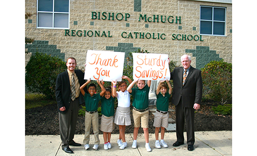 Bishop McHugh Regional Catholic School students received a visit on Oct. 8 from Christopher L. Hayes, assistant vice president/branch manager of the Dennisville branch of Sturdy Savings Bank. Hayes stopped by to drop off a check in the amount of $2,250 for the school’s Adopt-A-Student Program, which provides tuition assistance for families in need. Pictured from left are principal Tom McGuire; Carson Payne, age 9, Cape May Court House; Makayla Delgado, age 7, Rio Grande; Lauren Montalbano, age 8, Cape May Court House; Abigail DiStaulo, age 8, Cape May Court House; C.J. Reich, age 7, Seaville; and Christopher L. Hayes of Sturdy Savings Bank.