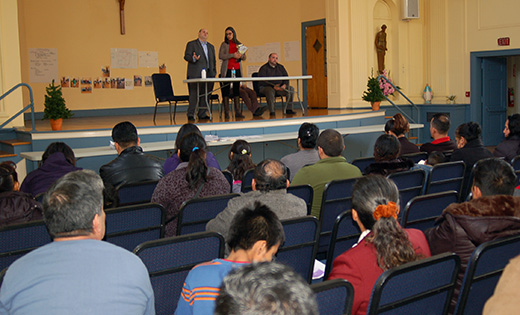 Latino immigrants listen to lawyers Jeff DeCristofaro and Derek DeCosmo Dec. 4 at Saint Joseph Pro-Cathedral Parish in East Camden. The immigration attorneys addressed the audience’s fears in the wake of Donald Trump’s election to the U.S. presidency.

Photo by James A. McBride