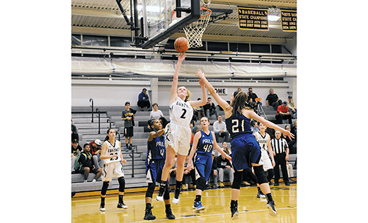 In high school girls’ basketball action, visiting Paul VI (Haddon Township) defeated Bishop Eustace 47-31 in Pennsauken on Jan. 12. Six days later, the Saint Joseph’s home squad was defeated by Our Lady of Mercy Academy (Newfield), 41-27 in Hammonton. Above, Bishop Eustace’s Julia Radley (2) attempts a shot amidst Paul VI defenders. Below, Our Lady of Mercy’s Jessica Riordan (14) blocks the scoring opportunity by Saint Joseph’s Hannah Beeler.

Photos by Alan M. Dumoff