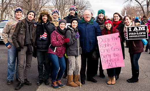 On the corner of Constitution and New Jersey (fittingly), Bishop Dennis Sullivan greeted and encouraged marchers from his Diocese of Camden on their way to Capitol Hill to urge lawmakers to repeal Roe v. Wade.