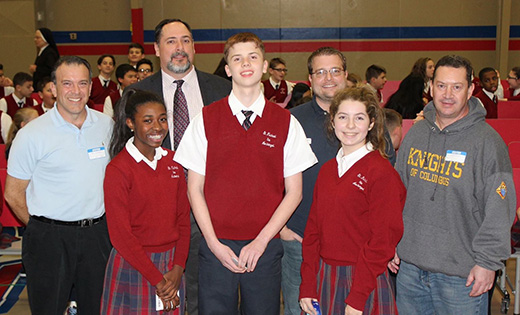 Knights of Columbus Assumption 3397 Council members Ray Iacovone, Mike Walsh, Doug Miedel and Jim Cosgrove stand behind Saint Michael the Archangel School eighth grade spelling bee winners Giselle Williams (third place), Nathan Scott (first place) and Zoe Gaudio (second place).

Photo by Sheri Klein