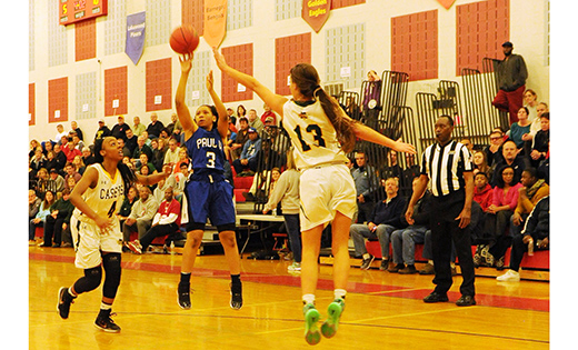 Photo by Alan M. Dumoff

The Paul VI High School (Haddonfield) Girls’ Basketball squad fell to Red Bank Catholic, 64-48, last week in the Non-Public A South Championship, held in Jackson, N.J.  In this photo, the Eagles’ Maniya Custis goes up for a shot.