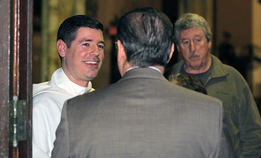 Photo by Mike Walsh

Father Jon Thomas pastor of the Parish of Saint Monica, Atlantic City, greets worshippers after celebrating Mass for businesses in the community on Feb. 22 at Saint Nicholas of Tolentine Church.