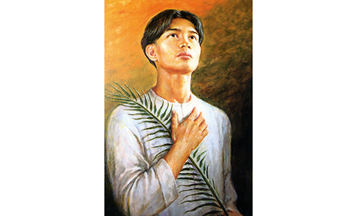 A painting of Blessed Pedro Calungsod shows him holding a palm frond. The young missionary catechist from Cebu, Philippines, was martyred the day before Palm Sunday in 1672 in Guam. He will become the second saint from the Philippines when he is canonized Oct. 21. (CNS photo/courtesy of Cebu Archdiocesan Shrine of Blessed Pedro Calungsod) (Aug. 14, 2012)
