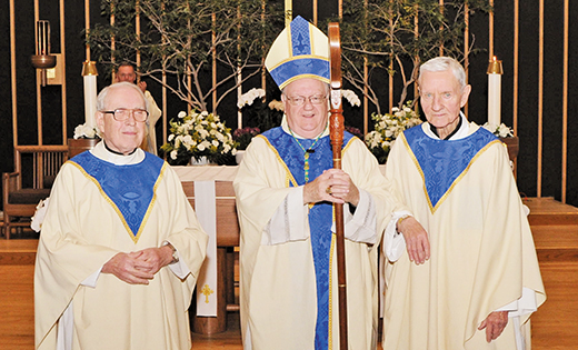 On May 11, at Saint Mary Parish in Cherry Hill, Bishop Dennis Sullivan celebrated Mass for priest jubilarians in the Diocese of Camden and joined them for dinner afterward. Above, Bishop Sullivan with priests celebrating 60 years of ordained priesthood: Msgr. Timothy A. Ryan, and Msgr. J. Gerald Gallagher (not pictured: Msgr. John H. Casey). Below, Bishop with those celebrating 50 years: Msgr. Joseph V. DiMauro, Father Richard L. Forbes and Father Richard J. Hadyka (not pictured: Msgr. John J. Daiber).

Photos by Alan M. Dumoff
