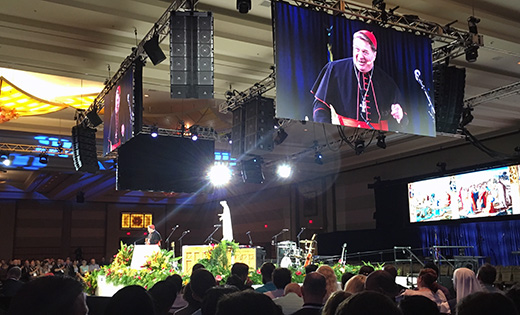 Cardinal Joseph W. Tobin of Newark, N.J., speaks during the “Convocation of Catholic Leaders: The Joy of the Gospel in America” in Orlando, Fla. Leaders from dioceses and various Catholic organizations gathered for the July 1-4 convocation.

Photo by Mike Walsh