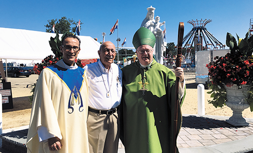 Bishop Dennis Sullivan stands with Father Joseph Capella and his father, Joe, in front of the new Shrine of Our Lady of Mount Carmel commissioned by the Mount Carmel Society in Hammonton.

Photos by Alan M. Dumoff