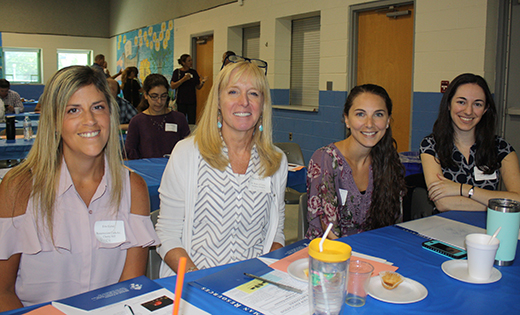Pictured at a teacher orientation session at Saint Vincent de Paul Regional School in Mays Landing on Aug. 24 are Erin Eichel, Resurrection Catholic School, Cherry Hill; Michelle Walsh and Alicia Steinman from Saint Rose of Lima, Haddon Heights; and Rachel Mulligan, Our Lady of Hope Regional School, Blackwood.