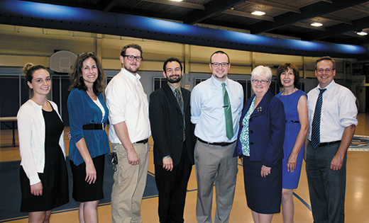 Dr. Michael Barber (center), from the Augustine Institute, with diocesan school administrators and staff from the Sophia Institute for Teachers. From left: Shannon McClure, Veronica Burchard and Chris Beggs of the Sophia Institute; Dr. Barber; Mike Gutzwiller of the Sophia Institute; and Mary Boyle, Rosemary Schamp and Dr. Bill Watson of the Diocese of Camden.