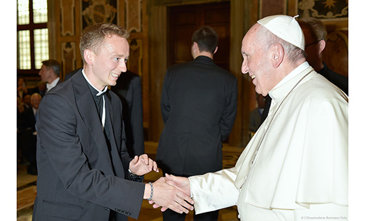 Pope Francis greets Peter Gallagher, a seminarian of the Diocese of Camden  currently studying at the North American College in Rome, during an audience with participants in an international congress on protecting children in a digital world. Hosted by the Pontifical Gregorian University's Center for Child Protection in partnership with WePROTECT Global Alliance, the congress, Oct. 3-6, was designed to get faith communities, police, software and social media industries, mass media, nonprofits and governments working together to better protect minors.

© L'Osservatore Romano