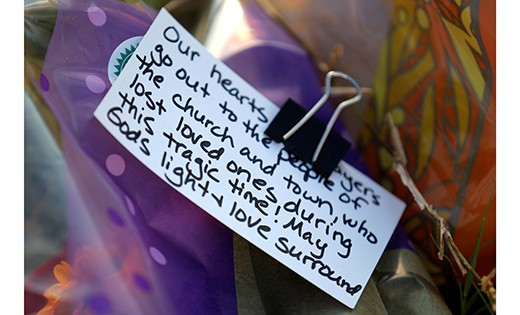 A note is seen at a memorial Nov. 7 near the site of the shooting at the First Baptist Church of Sutherland Springs, Texas.
(CNS photo/Jonathan Bachman, Reuters)