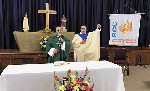 Father Dalton Reyes from Colombia and Father John Jairo Franco Cardenas, of Swedesboro’s Saint Clare of Assisi Parish, lead South Jersey’s Hispanic Catholics in a celebration of the 50th anniversary of the Catholic Charismatic Renewal.