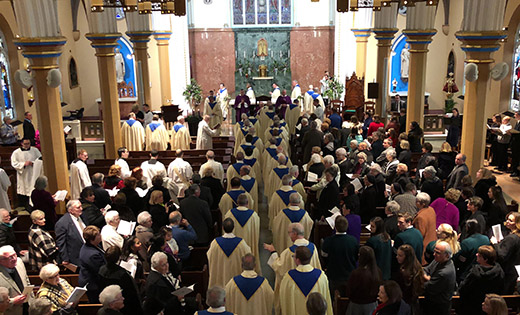 Clergy process into the Cathedral of the Immaculate Conception, Camden, for Mass celebrating Bishop Joseph Galante’s 25th episcopal anniversary on Dec. 10.

Photos by Mike Walsh
