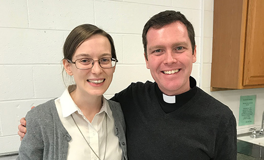 — Lauren Adderly, Camden Catholic High School Class of 2008 and current Postulant for the Society of Our Lady of the Most Holy Trinity (SOLT), returned to her alma mater for Vocations Awareness Week on Jan. 3. Inspired to join the order after spending time at a SOLT mission in North Dakota during her summers off from college, she began Aspirancy with them in North Dakota in 2016, and then, last year, moved to Seattle to begin Postulancy. This weekend, she will become a Novice for the order in Seattle. She is pictured with Father Michael Romano, director of Vocations, Diocese of Camden.