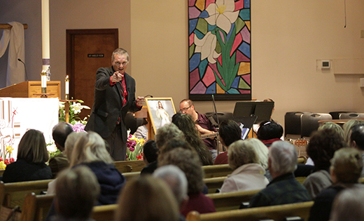 — Gus Lloyd, Catholic radio host of Sirius XM’s “Seize The Day,” shared his faith during a three-day parish mission April 8-10 at Holy Family Parish in Sewell. 

Photo by Mike Walsh