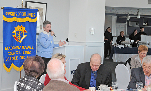 Photo by Alan M. Dumoff

Sister Helen Cole, SSJ, director of Guadalupe Family Services in Camden, speaks at the Knights of Columbus Madonna Maria Council 3560 (Saint Joseph Church) Communion Breakfast at the Sea Isle City yacht club last month.