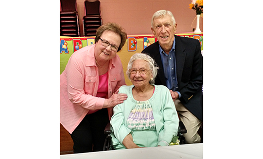 Mary Clay, who worked for 44 years as a secretary in the Labor/Delivery Department of Our Lady of Lourdes Medical Center, Camden, recently celebrated her 105th birthday. She is pictured with Mary Costello R.N. and Courtney Malcarney M.D.