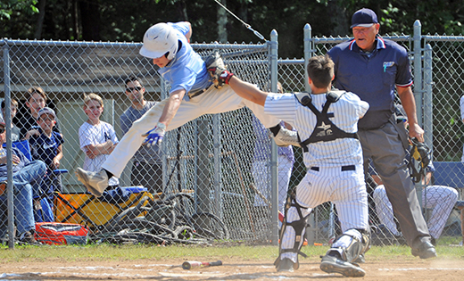 — Saint Augustine’s Nick Leonetto tags out Tom Meyer at home plate during the Richland Prep’s 6-1 victory over Mercer County’s Notre Dame on June 5 to win its third straight South Jersey Non-Public A title. The Hermits went on to win the Non-Public A state title June 9 in a 1-0 contest against Delbarton at Veterans Park in Hamilton Township. The same day Gloucester Catholic captured its 19th Non-Public B state title with a 10-3 win over DePaul Catholic in Hamilton Township.

Photo by Alan M. Dumoff