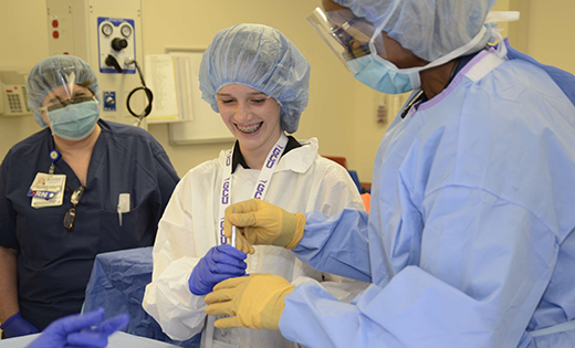 Lourdes nurses Connie Huelster, left, and Glenda Haller-Baird, director of Perioperative Services and Wound Care, right, teach Shannon Emmett about the many duties nurses perform in the operating room. Emmett was one of 10 teens who participated in Lourdes Burlington’s 2016 nursing camp. There will be a one-day nursing camp at Our Lady of Lourdes Medical Center in Camden on Wednesday, July 18, from 8:30 a.m. to 3:30 p.m. The camp is open to teens age 14- to 18-years-old. There is no cost to attend but registration is limited. Interested teens must include an essay indicating interest in nursing or the healthcare field and a letter of recommendation from a teacher or guidance counselor. The deadline application is July 1. For more information or to request an application, contact Doreen McCay at mccayd@lourdesnet.org or 856-757-3733.