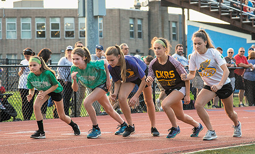 Runners for Good Shepherd School, Collingswood; Saint Peter, Merchantville; Christ the King, Haddonfield; and Saint Rose of Lima, Haddon Heights, stand on the mark at the 2018 Meet of Champions held at Paul VI High School, Haddonfield, on May 23. Christ the King was the overall winner in both male and female categories.

Photo by Debbie Troy