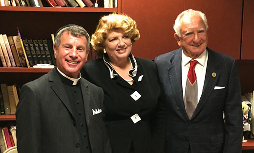 Father Joseph D. Wallace, director of Ecumenical and Interreligious Affairs for the Diocese of Camden; Claire Collins, choir director for Holy Trinity Parish, Margate; and Egg Harbor Township Mayor James “Sonny” McCollough, pose for a photo before being honored at the annual Father Schiavo Interfaith Service last month at Beth El Synagogue in Margate.