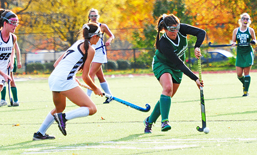 Photo by Alan M. Dumoff
Earlier this month, the Bishop Eustace girls’ field hockey squad won its sixth consecutive Non-Public South Championship, defeating visiting Camden Catholic (Cherry Hill) on Nov. 7. In the Non-Public final two days later, the Crusaders were defeated 3-1 by Oak Knoll.  In this photo, pursued by Crusader defenders, the Irish’s Maura Gallagher moves the ball downfield.