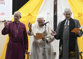 Anglican Archbishop Justin Welby, Pope Francis and Rev. Iain Greenshields, moderator of the Presbyterian Church of Scotland, give the final blessing together at the conclusion of an ecumenical prayer service at the John Garang Mausoleum in Juba, South Sudan, Feb. 4, 2023. (CNS photo/Vatican Media)
