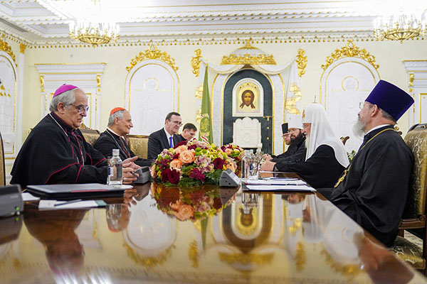 Russian Orthodox Patriarch Kirill of Moscow speaks with Cardinal Matteo Zuppi, on a peace mission to Moscow on Pope Francis' behalf, at his residence at the Danilov monastery in Moscow June 29, 2023. (CNS photo/Courtesy of the Russian Orthodox Church, Department for External Church Relations)