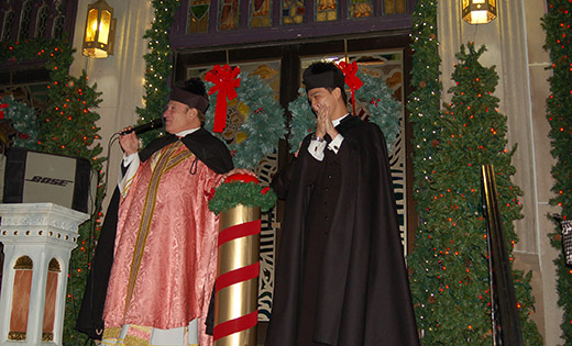 St. Peter’s Church lit up the night in Merchantville on Dec. 13, switching on 86 Christmas trees on the parish property that were donated by parishioners in honor of family members or simply as a Christmas greeting. At right, St. Peter pastor, Father Anthony Manuppella, with parochial vicar, Father Thanh Pham.

Photos by James A. McBride