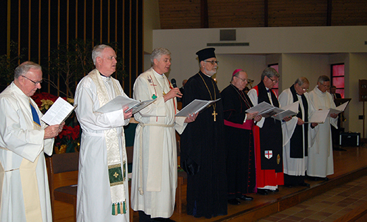 On Jan. 18, Bishop Dennis Sullivan and other Christian bishops and leaders joined together in prayer at St. Mary Church in Cherry Hill to mark the beginning of the Week of Prayer for Christian Unity. After the prayer service, the leaders joined homeless men for dinner. Pictured from left are Deacon Leo McBlain; Father Ed Maher, St. Mary pastor; Rev. Wayne Zschech, ecumenical officer for the Lutheran Synod of New Jersey; Rev. Father Emmanuel Pratsinakis, rector, The Greek Orthodox Church of St. Thomas, Cherry Hill; Bishop Sullivan; Bishop William Stokes of the Episcopal Diocese of New Jersey; Father Richard Townley, rector, St. Andrew Episcopal Church, Lambertville; and Father Phil Johnson, priest in charge, St. Thomas More, Cherry Hill.

Photo by James A. McBride