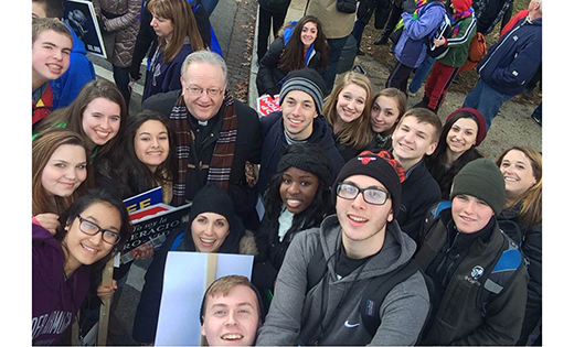 Several groups from the Diocese of Camden that participated in the March for Life in Washington Jan. 22 caught up with Bishop Dennis Sullivan. Above, the bishop stands with youth group members from Our Lady of Peace Parish, Williamstown. At bottom: Students from Paul VI High School, Haddon Township, and a group from Wildwood Catholic High School.