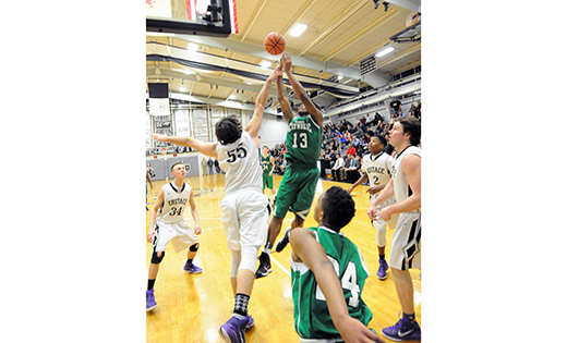 On Feb. 12, Camden Catholic (Cherry Hill) eked out a win over Bishop Eustace, 53-50, in Pennsauken.

Photo by Alan M. Dumoff, more photos http://ccdphotolibrary.smugmug.com