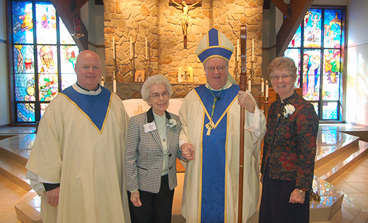 On Feb. 7 Bishop Dennis Sullivan celebrated the World Day for Consecrated Life and Jubilee Celebrations at Holy Family Parish in Sewell, honoring the religious sisters serving in the Camden Diocese who are celebrating jubilees. Above, Bishop Sullivan and Father Robert Hughes, Vicar General, with Sister Elizabeth Mercer, SSJ, celebrating 70 years, and Sister Dorothy Urban, SSJ (50 years).