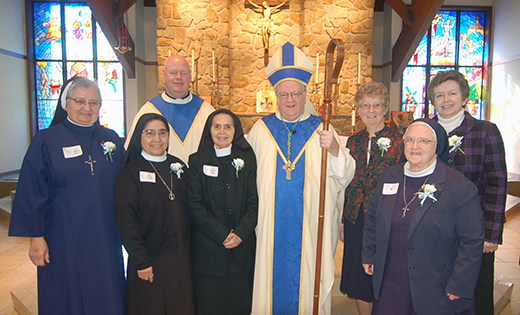 Bishop Sullivan and Father Hughes with those celebrating 50 years: Sister Maria Yolanda Odron, LSIC, Sister Oralia de La Paz, MDPVM, Sister Graciela Rosas-Mendivil, MDPVM, Sister Dorothy Urban, SSJ, Sister Reginald Stroup, DM, and Sister Ann Byrnes, RSM
Photo by James A. McBride