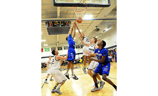 In a South Jersey high school boys’ basketball Non-Public A semifinal on March 7, St. Augustine Prep (Richland) defeated Union Catholic 75-55. Three days later, the Hermits were defeated in the title game by the Christian Brothers Academy, 83-77. Above, the Hermits’ Walter Harvey (23) blocks a defenders’ shot.

Photo by Alan M. Dumoff, ccdphotolibrary.smugmug.com