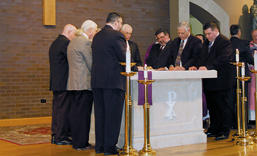 On March 15 at Church of the Incarnation in Mantua, Bishop Dennis Sullivan called to orders nine men who are preparing for ordination to the permanent diaconate in May. During the ceremony, the men promised to fulfill their duties to the permanent diaconate, including obedience to the bishop and his successors. The nine men are Frank Campisi, from Our Lady of Peace Parish, Williamstown; Peter Davidson, St. Brendan the Navigator, Stone Harbor; Frank Dunleavy, Infant Jesus, Woodbury Heights; Fernando Encarnado, Our Lady of Hope, Blackwood; Thomas Fargnoli, Our Lady of Hope, Blackwood; Kevin Hannon, Holy Angels, Woodbury; Robert Iuliucci, Christ the Redeemer, Atco; Robert Scarpa, St. Thomas More, Cherry Hill; and Aaron Smith, Christ the Redeemer, Atco.

Photos by James A. McBride