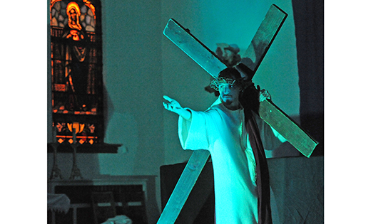 Marco Romeo portrays Jesus in the Franciscan Mystery Players presentation of The Way of the Cross at St. Nicholas Church, Our Lady of Perpetual Help Parish, Galloway, on March 13. The group is based at the Church of the Holy Family, Sewell. For more information, go to www.mysteryplay.org

Photo by Alan M. Dumoff