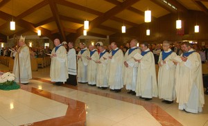 Nearly a dozen priests concelebrated the Diocesan Anniversary Mass with Bishop Dennis Sullivan April 19 at St. Gianna Beretta Molla Parish, Northfield. Photo by James A. McBride