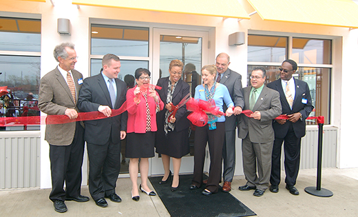 On April 17 Cathedral Kitchen held a ribbon-cutting and open house for its new Café, which is set to open for business on May 12. The café is next to the 1514 Federal Street location of the kitchen and will seat 36. From Tuesday-Friday, 11:30 a.m.-2 p.m., the café will serve hot and cold sandwiches, soups, and salads. The eatery will also be available for corporate meetings and catered events, and a rooftop garden will provide fresh produce and herbs. Cutting the ribbon in front of the CK Café on April 17 were Jim Ehret, Ehret Construction Company; Bill Moen, Southern New Jersey representative for Sen. Cory Booker; Karen Talarico, executive director of the Cathedral Kitchen; Dana Redd, Mayor of Camden; Donna Siegel, board president of Cathedral Kitchen; James T. Plousis, chairman of the New Jersey State Parole Board; and New Jersey State Assemblymen Angel Fuentes and Gilbert “Whip” Wilson.

Photo by James A. McBride