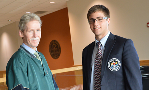 Joe Carmichael, history teacher and disciplinarian at St. Augustine Preparatory School, Richland, is pictured with senior Matt Oakley of Egg Harbor Township, who spearheaded The Perseverance Scholarship. Dedicated to Carmichael, it will be awarded yearly to a senior who, like the man who inspired it, lives the Augustinian values of truth, unity and love. Matt noted that Carmichael’s dedication to his students did not waver even last April when his wife Jean died. “During the most personally challenging time of his life he continued to bring the same level of excellence and enthusiasm in the classroom that he has for the past 30 years,” he said. Carmichael has worked at St. Augustine since 1984.