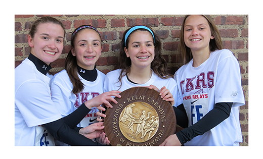 The Christ the King Girls Relay Team captured first place for the Camden Diocese at the Penn Relays in the 4 x 100 meter relay. The event took place on April 24 at Franklin Field in Philadelphia. Pictured are team members Joanna Wallace, Lisa Vigilante, Katie Miller and Hunter Foulke.