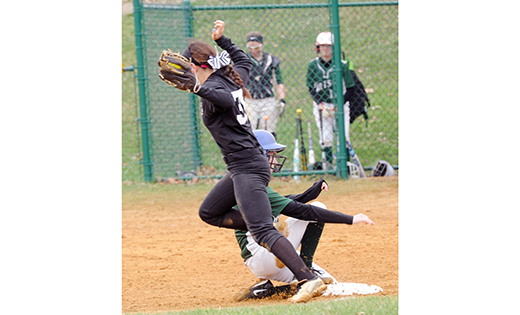 In high school girls’ softball, a Camden Catholic player steals third base during a game against Bishop Eustace on April 10 in Cherry Hill. The hometown Fighting Irish defeated the Crusaders 2-1.

Photo by Alan M. Dumoff