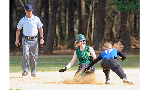 On April 13, the Wildwood Catholic Crusaders beat the home team of Our Lady of Mercy Academy Villagers in Newfield, 9-8, in girls’ softball. Above, the Crusaders’ Becky Andress attempts to make a tag on a Villager runner.

Photo by Alan M. Dumoff, ccdphotolibrary.smugmug.com