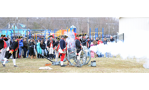 The West Jersey Artillery Company, made up of Revolutionary War enthusiasts, fire off Thundering Barbara, a reproduction of a cannon from the War for Independence, for students of St. Michael the Archangel School, Clayton, on March 24.

Photo by Alan M. Dumoff