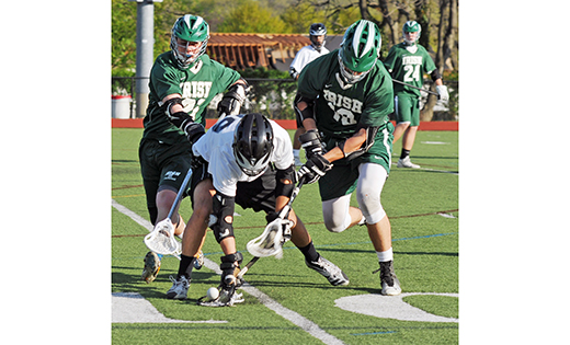 In high school boys’ lacrosse on April 28, the visiting Camden Catholic Fighting Irish (Cherry Hill) defeated home team Bishop Eustace 12-11 in Pennsauken. Above, Bishop Eustace’s Henry Morelli, flanked by Camden Catholic defenders, goes for the loose ball.

Photo by Alan M. Dumoff, ccdphotolibrary.smugmug.com