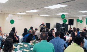 Bishop Dennis Sullivan speaks to Theology on Tap participants June 15 at Holy Angels Parish, Woodbury. Photo by Peter G. Sánchez