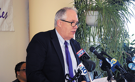 Speaking at a press conference at the Camden Diocesan Center Aug. 17, Kevin Hickey, executive director, talks about how Catholic Charities is using Pope Francis’ visit to draw attention to poverty in South Jersey.