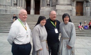 Bishop Dennis Sullivan and Father Robert Hughes are pictured with Sisters Veronica and Jacinta of the Community of the Franciscan Sisters of the Renewal outside the Church of St. Peter in Drogheda during a Camden Diocesan trip to Ireland. The parish church contains the relics of St. Oliver Plunkett, Martyr. Below, Bishop Sullivan and Father Hughes are pictured at the Lourdes Grotto of the Convent of Saint Collette in Drogheda, Ireland with CFR Sisters Monica and Jacinta and a few of the 44 pilgrims on Bishop’s Tour. The trip was July 18-30.